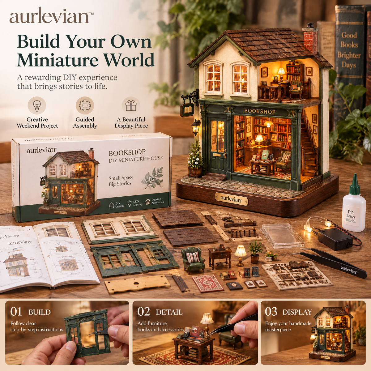 aurlevian™ Vintage Bookshop Miniature House Kit
